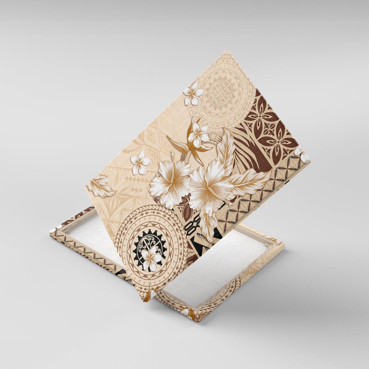 Samoa Siapo Pattern With Beige Hibiscus Canvas Wall Art LT05 With Frame Beige - Polynesian Pride