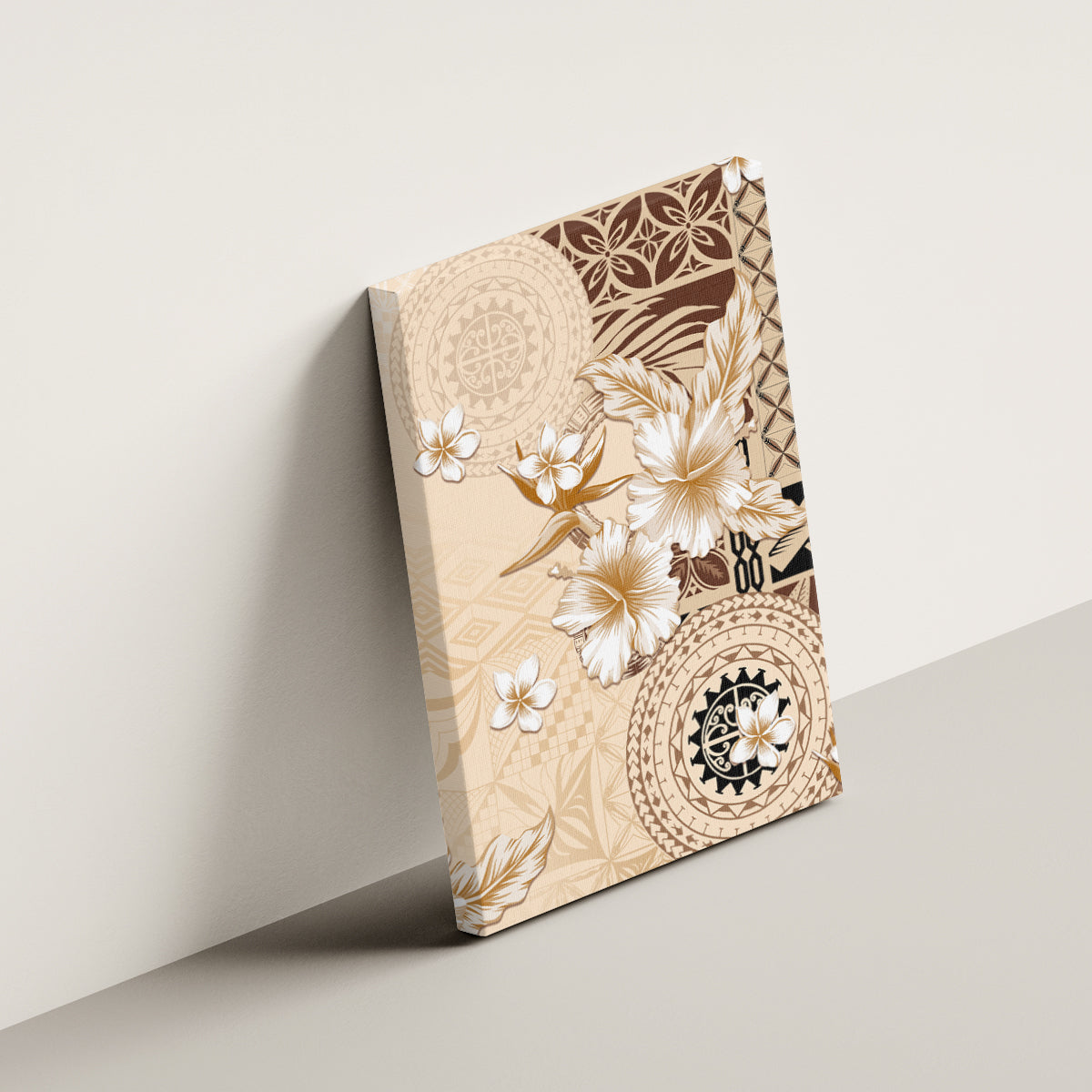 Samoa Siapo Pattern With Beige Hibiscus Canvas Wall Art LT05 - Polynesian Pride