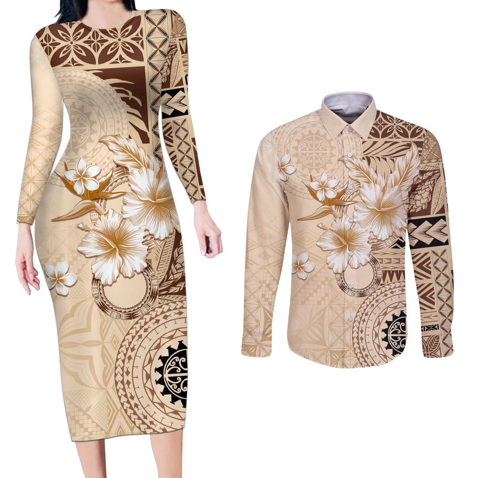 Samoa Siapo Pattern With Beige Hibiscus Couples Matching Long Sleeve Bodycon Dress and Long Sleeve Button Shirt LT05 Beige - Polynesian Pride