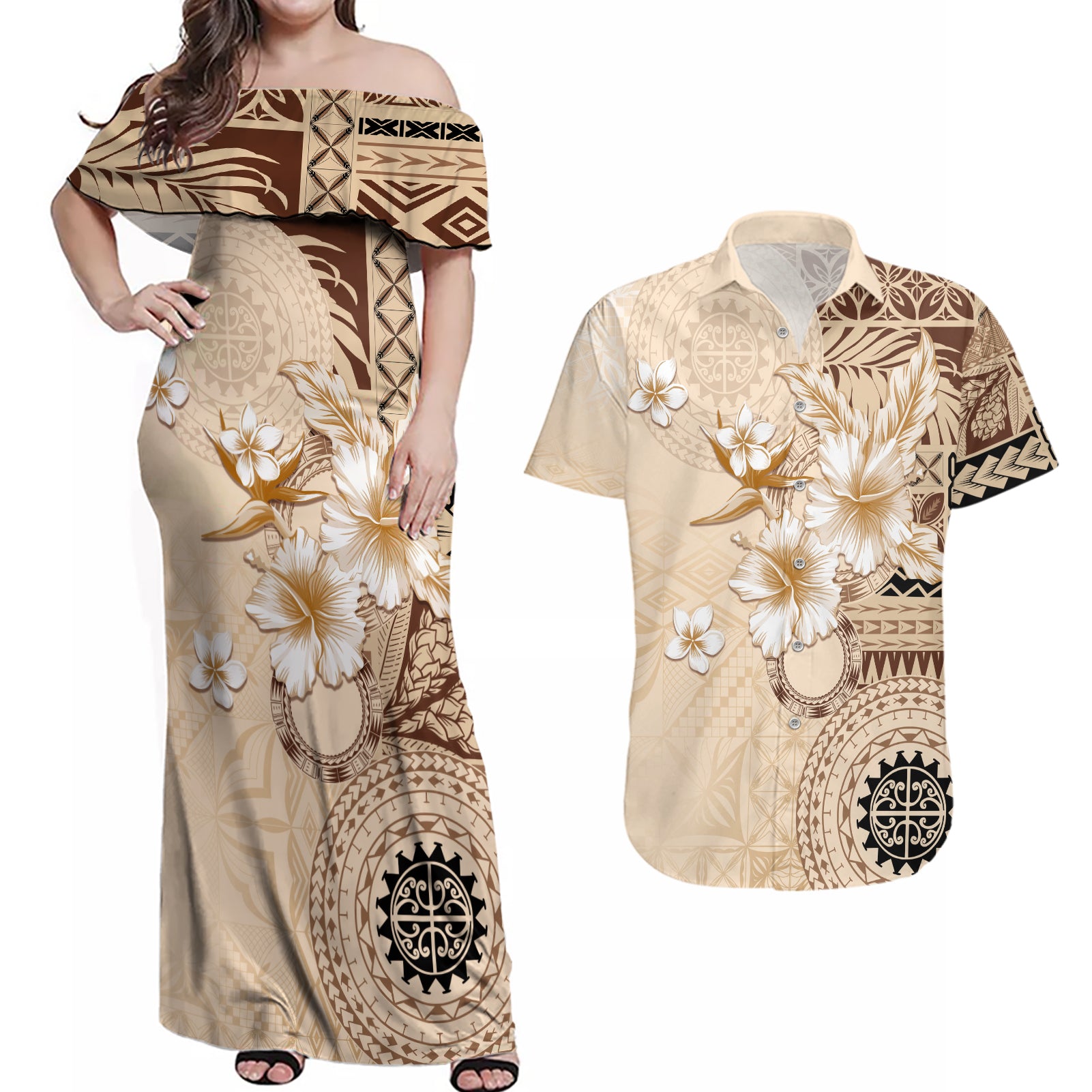 Samoa Siapo Pattern With Beige Hibiscus Couples Matching Off Shoulder Maxi Dress and Hawaiian Shirt LT05 Beige - Polynesian Pride