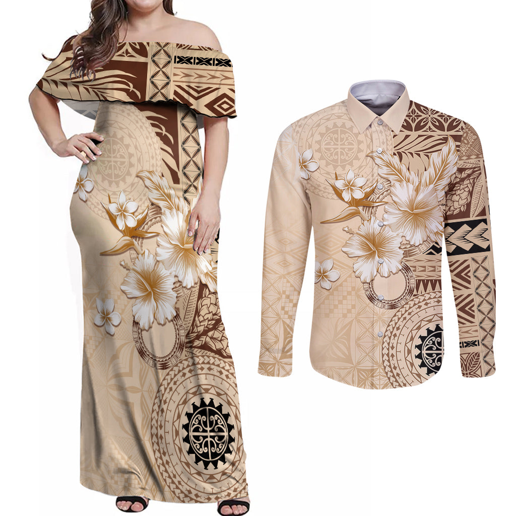 Samoa Siapo Pattern With Beige Hibiscus Couples Matching Off Shoulder Maxi Dress and Button Shirt - LT05 Beige - Polynesian Pride