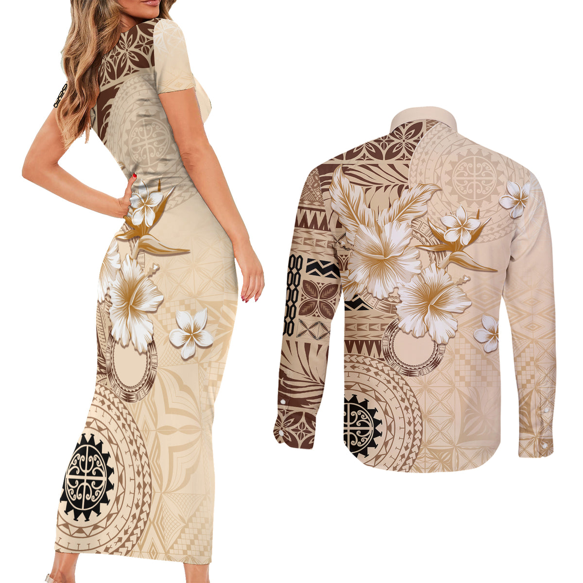 Samoa Siapo Pattern With Beige Hibiscus Couples Matching Short Sleeve Bodycon Dress and Long Sleeve Button Shirt LT05 - Polynesian Pride