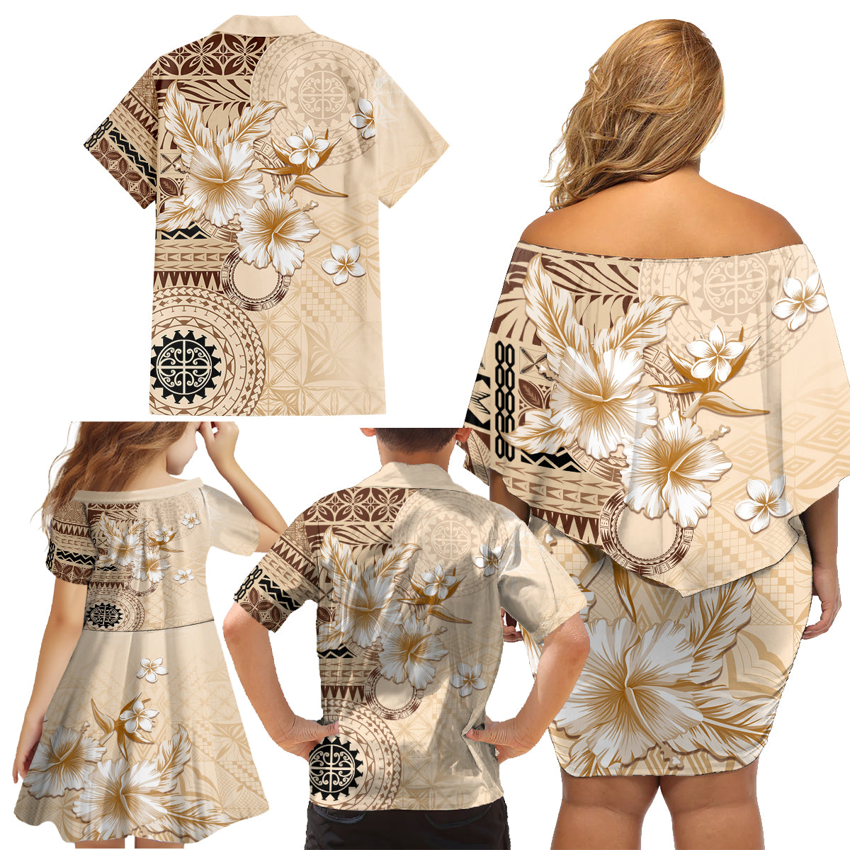 Samoa Siapo Pattern With Beige Hibiscus Family Matching Off Shoulder Short Dress and Hawaiian Shirt LT05 - Polynesian Pride
