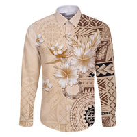 Samoa Siapo Pattern With Beige Hibiscus Family Matching Short Sleeve Bodycon Dress and Hawaiian Shirt LT05 Dad's Shirt - Long Sleeve Beige - Polynesian Pride