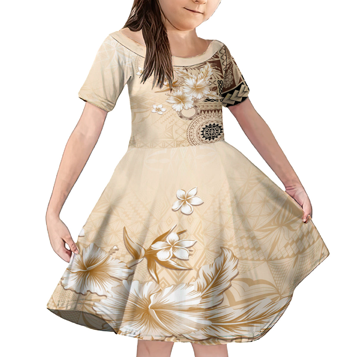 Samoa Siapo Pattern With Beige Hibiscus Family Matching Tank Maxi Dress and Hawaiian Shirt LT05 Daughter's Dress Beige - Polynesian Pride