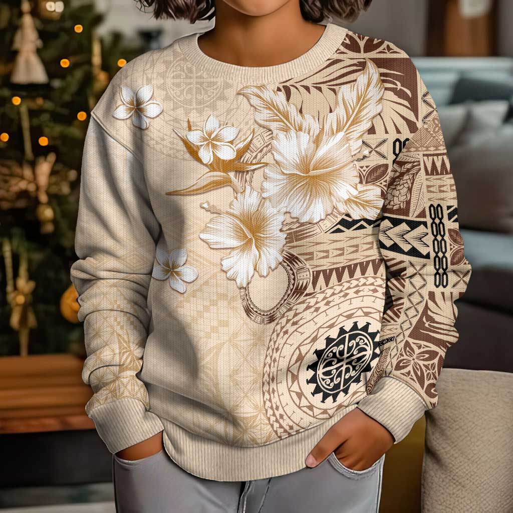 Samoa Siapo Pattern With Beige Hibiscus Kid Ugly Christmas Sweater