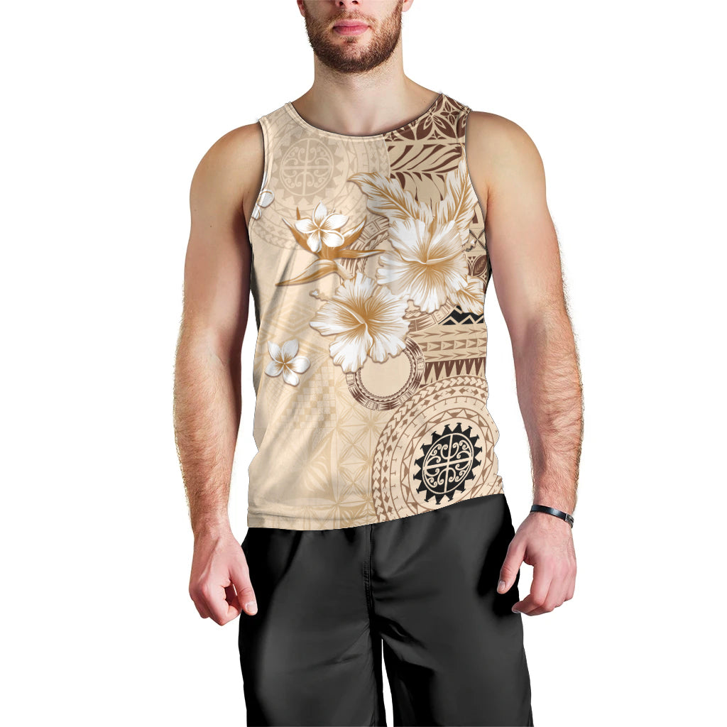 Samoa Siapo Pattern With Beige Hibiscus Men Tank Top LT05 - Polynesian Pride