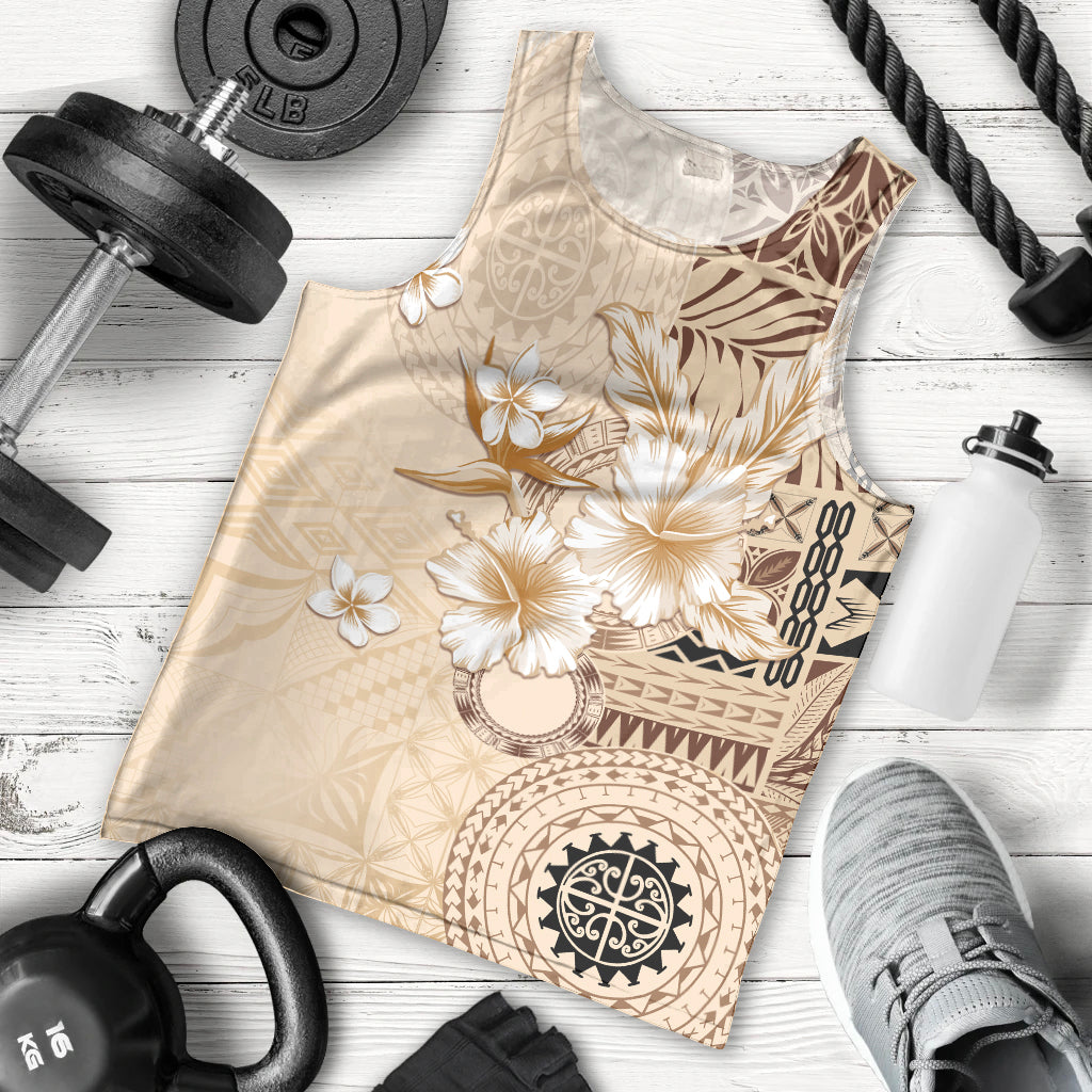 Samoa Siapo Pattern With Beige Hibiscus Men Tank Top LT05 - Polynesian Pride