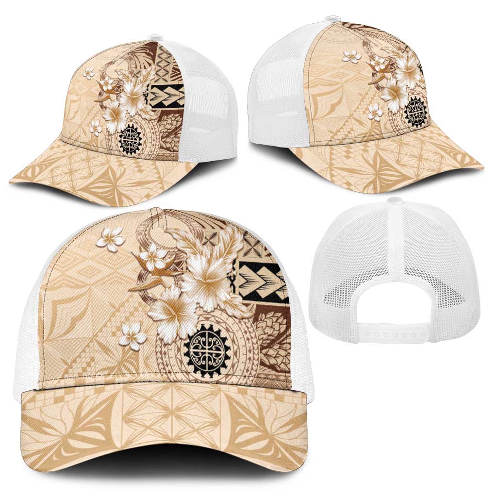 Samoa Siapo Pattern With Beige Hibiscus Mesh Trucker Cap - Polynesian Pride