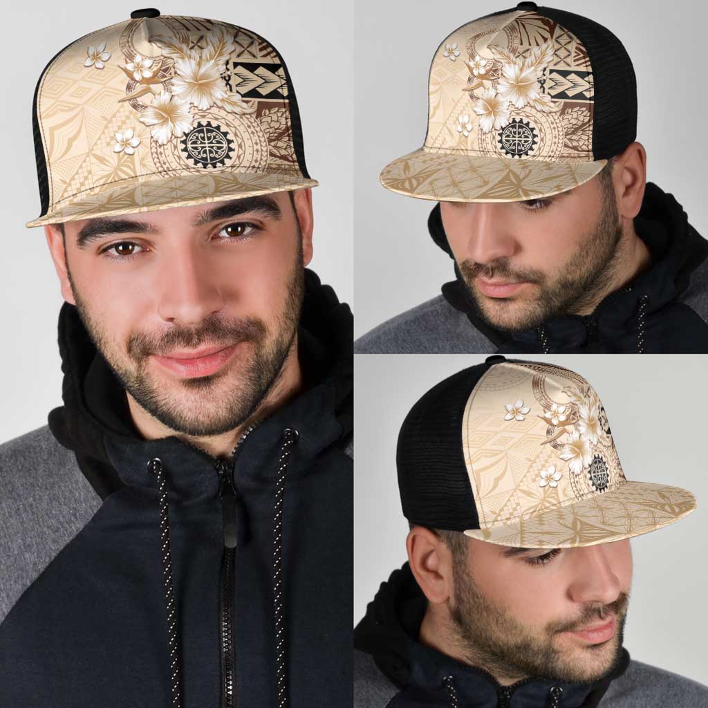Samoa Siapo Pattern With Beige Hibiscus Mesh Trucker Cap - Polynesian Pride