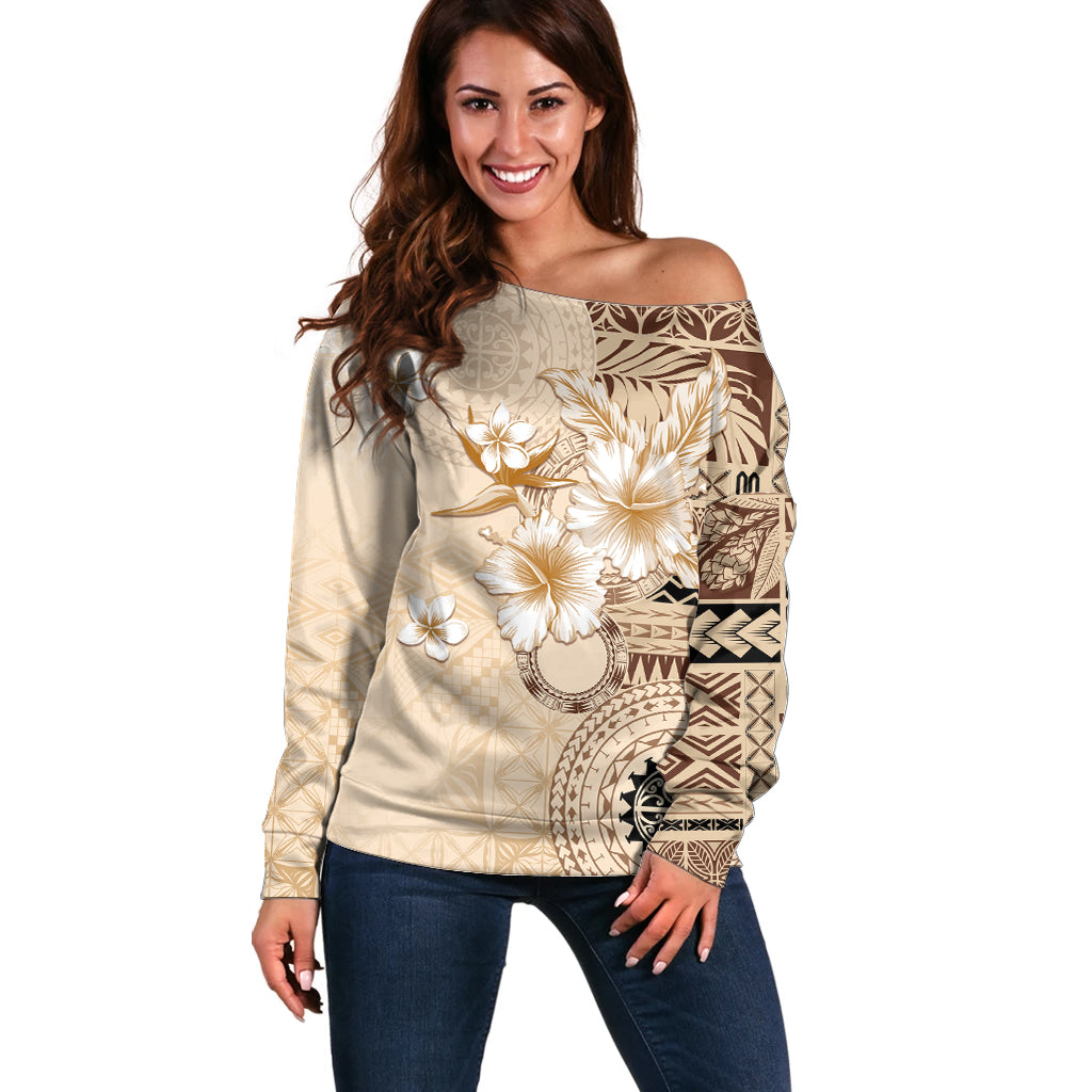 Samoa Siapo Pattern With Beige Hibiscus Off Shoulder Sweater LT05 Women Beige - Polynesian Pride