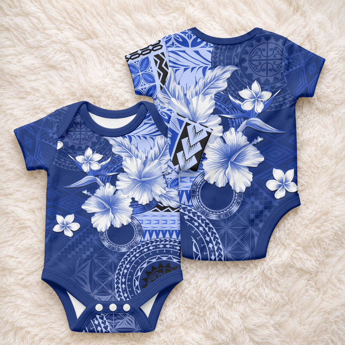 Samoa Siapo Pattern With Navy Hibiscus Baby Onesie