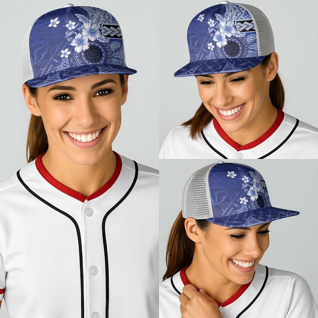 Samoa Siapo Pattern With Navy Hibiscus Baseball Net Cap - Polynesian Pride