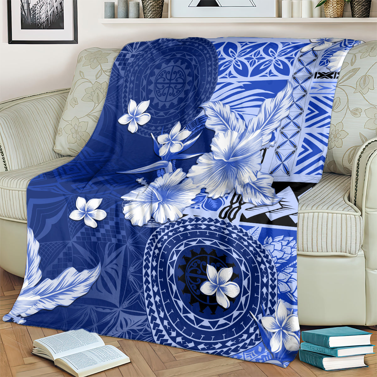 Samoa Siapo Pattern With Navy Hibiscus Blanket