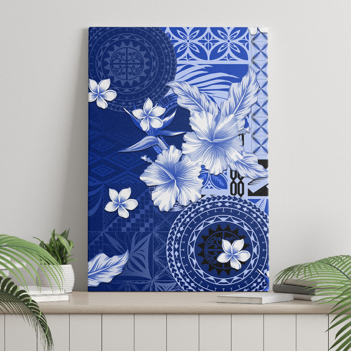 Samoa Siapo Pattern With Navy Hibiscus Canvas Wall Art LT05 - Polynesian Pride