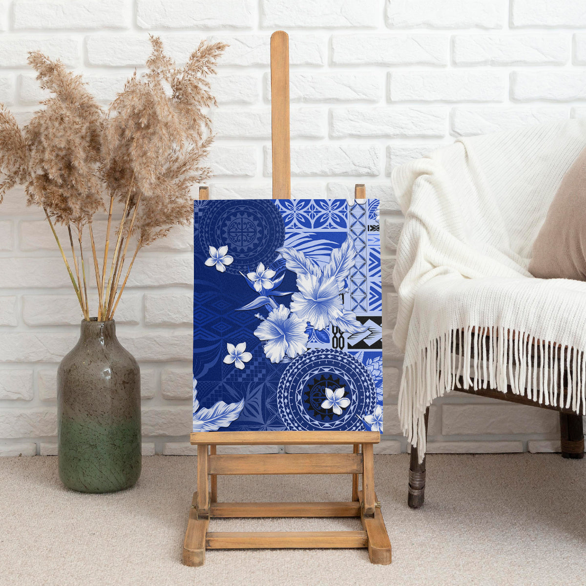 Samoa Siapo Pattern With Navy Hibiscus Canvas Wall Art LT05 - Polynesian Pride