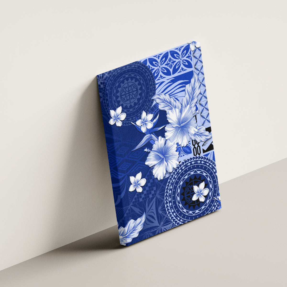 Samoa Siapo Pattern With Navy Hibiscus Canvas Wall Art LT05 - Polynesian Pride