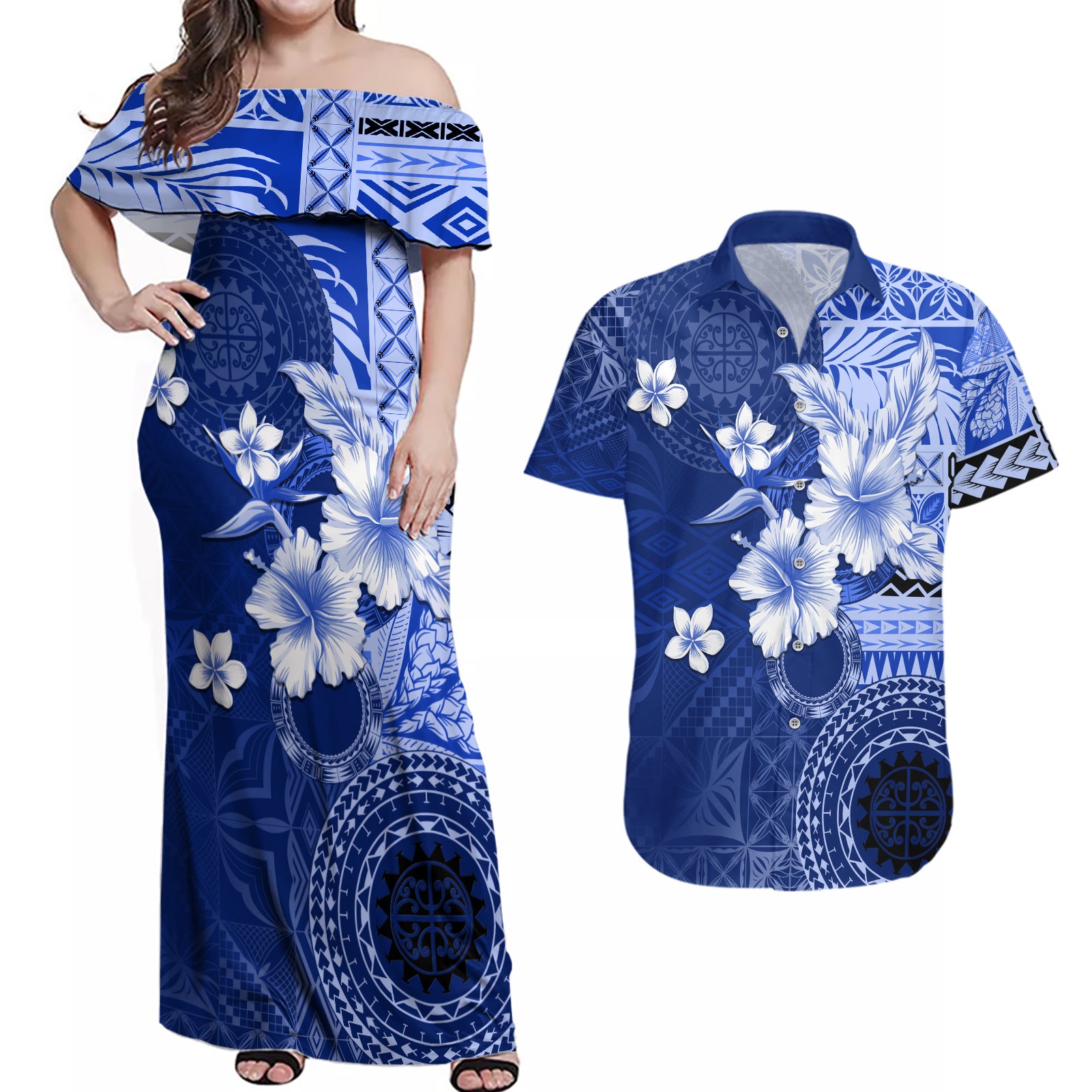 Samoa Siapo Pattern With Navy Hibiscus Couples Matching Off Shoulder Maxi Dress and Hawaiian Shirt LT05 Navy - Polynesian Pride