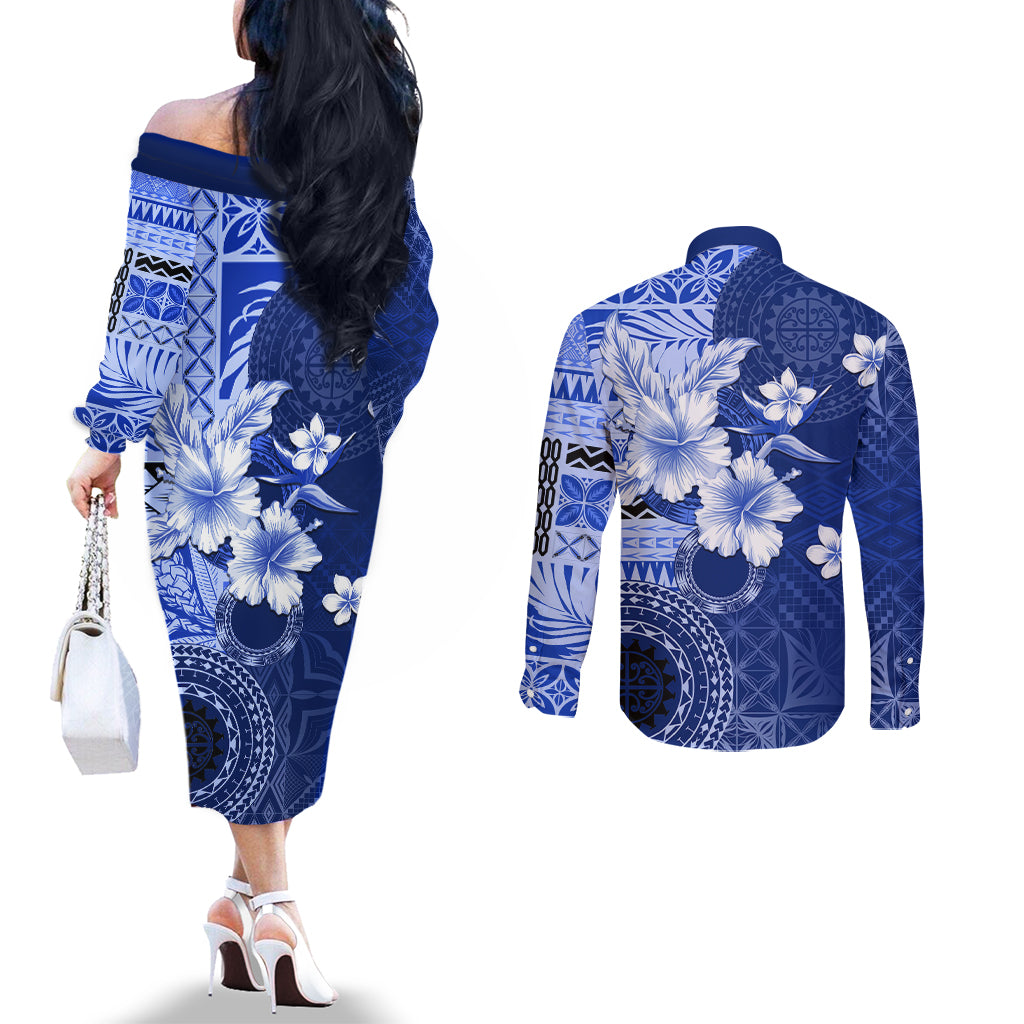 Samoa Siapo Pattern With Navy Hibiscus Couples Matching Off The Shoulder Long Sleeve Dress and Long Sleeve Button Shirt LT05 - Polynesian Pride
