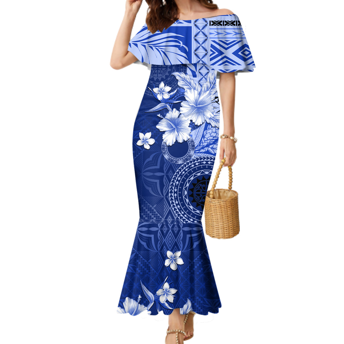 Samoa Siapo Pattern With Navy Hibiscus Family Matching Mermaid Dress and Hawaiian Shirt LT05 Mom's Dress Navy - Polynesian Pride