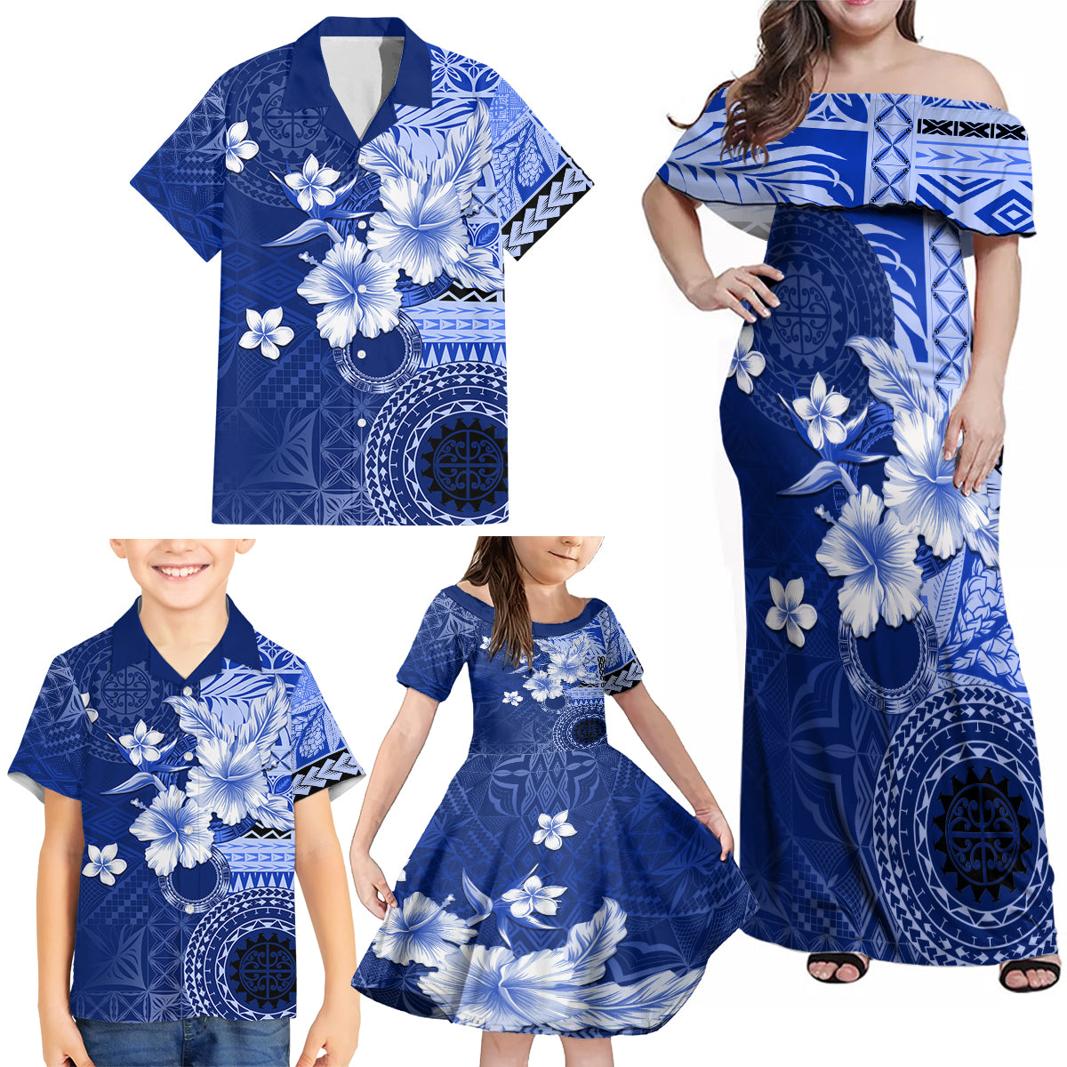 Samoa Siapo Pattern With Navy Hibiscus Family Matching Off Shoulder Maxi Dress and Hawaiian Shirt LT05 - Polynesian Pride