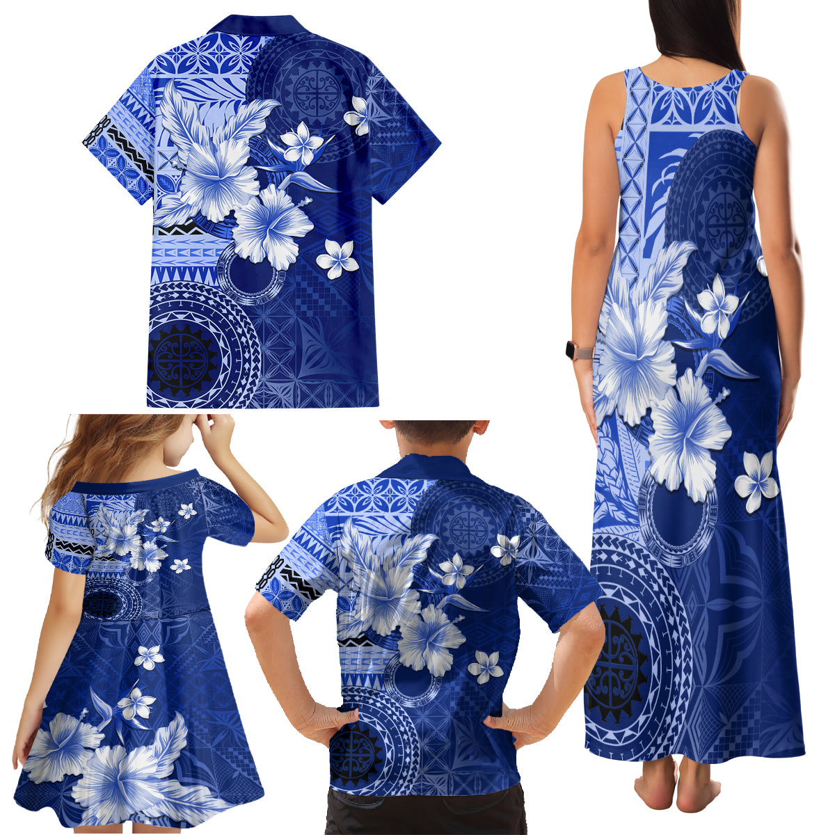 Samoa Siapo Pattern With Navy Hibiscus Family Matching Tank Maxi Dress and Hawaiian Shirt LT05 - Polynesian Pride