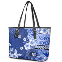 Samoa Siapo Pattern With Navy Hibiscus Leather Tote Bag