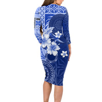 Samoa Siapo Pattern With Navy Hibiscus Long Sleeve Bodycon Dress LT05 - Polynesian Pride