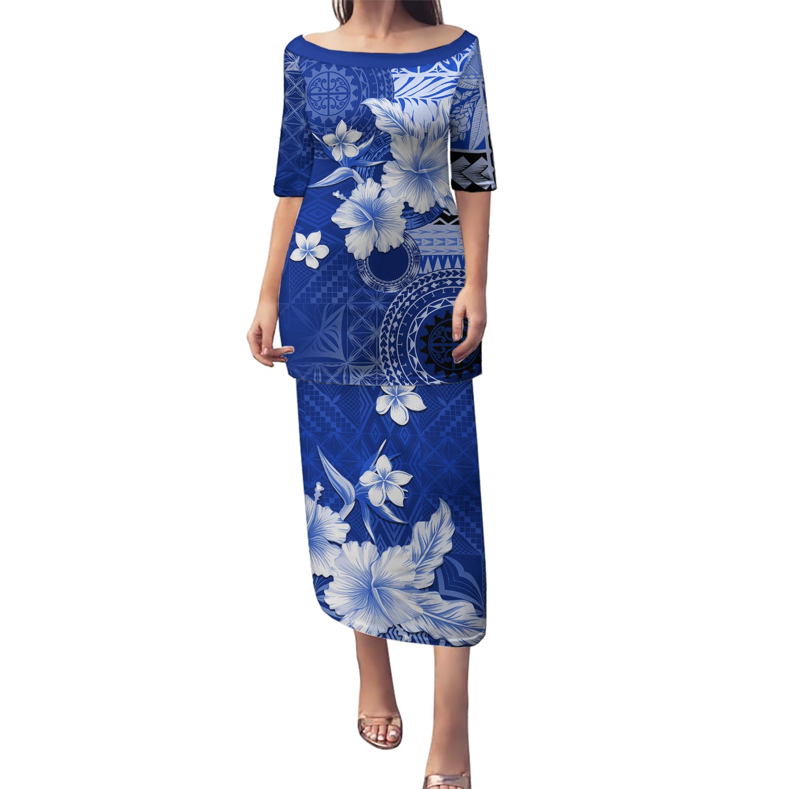 Samoa Siapo Pattern With Navy Hibiscus Puletasi LT05 Long Dress Navy - Polynesian Pride