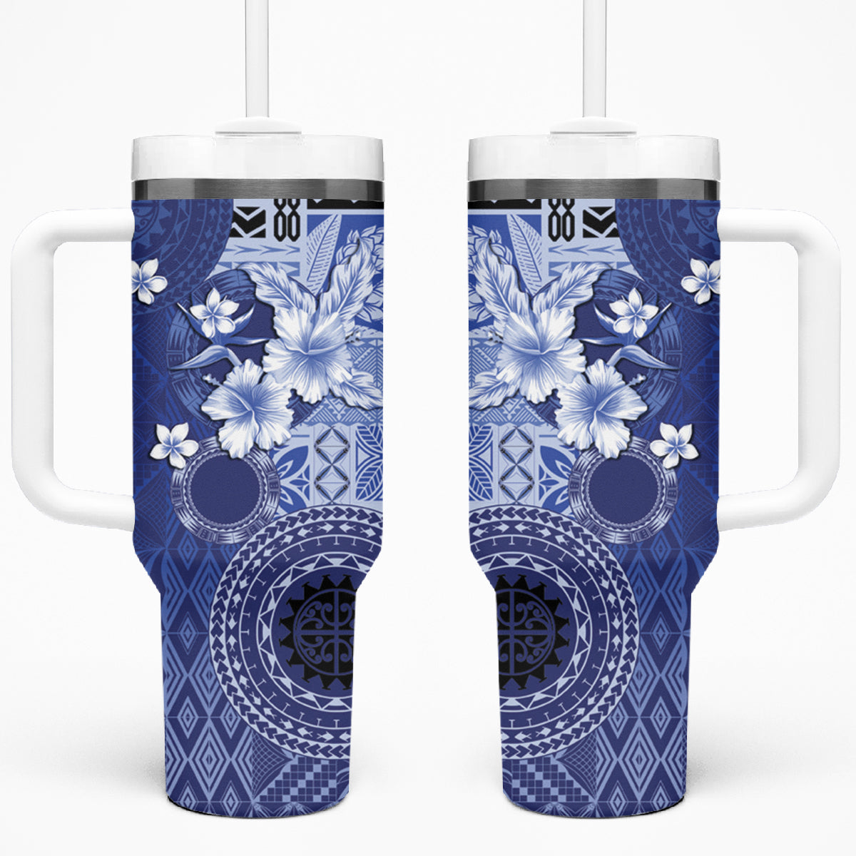 Samoa Siapo Pattern With Navy Hibiscus Tumbler With Handle