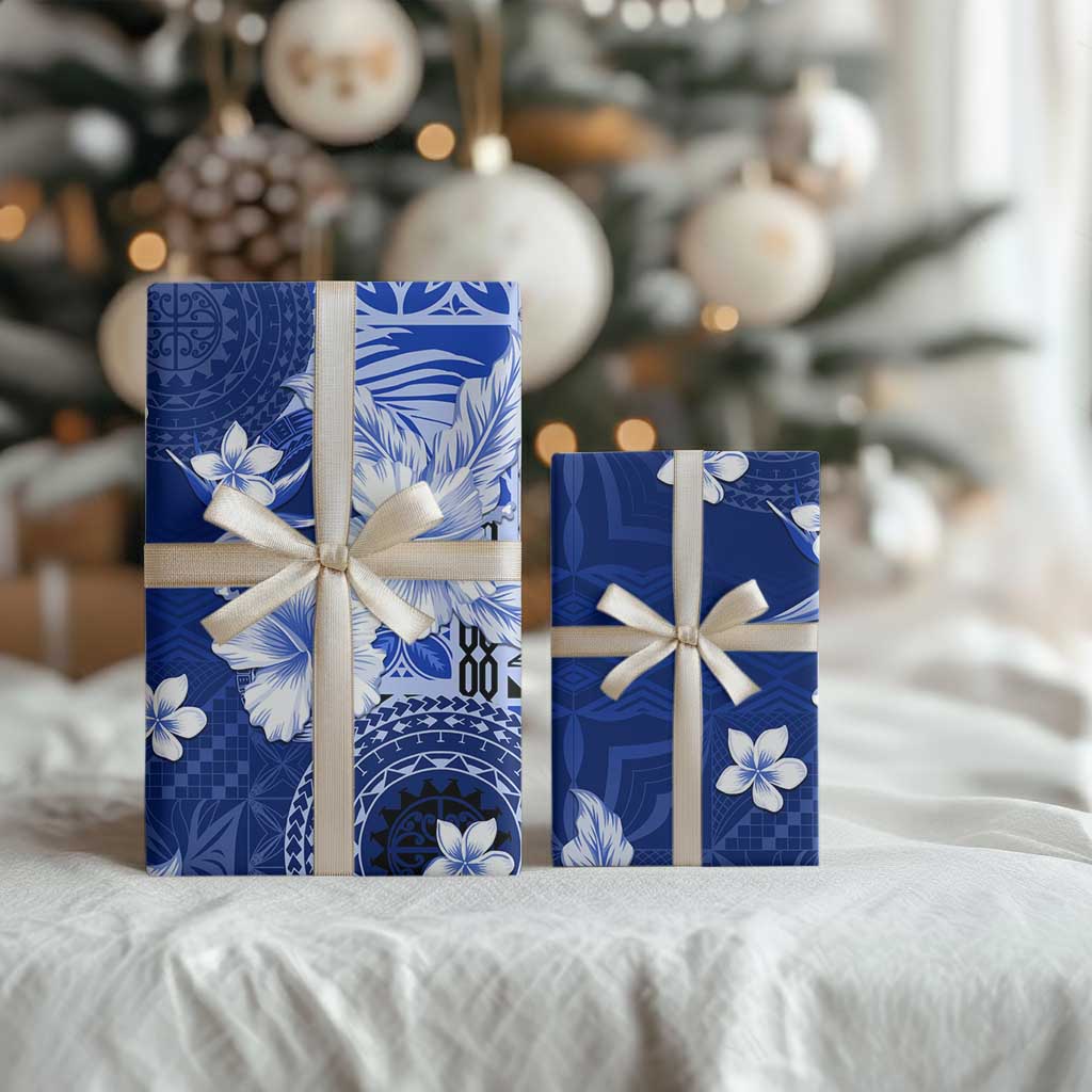 Samoa Siapo Pattern With Navy Hibiscus Wrapping Paper - Polynesian Pride