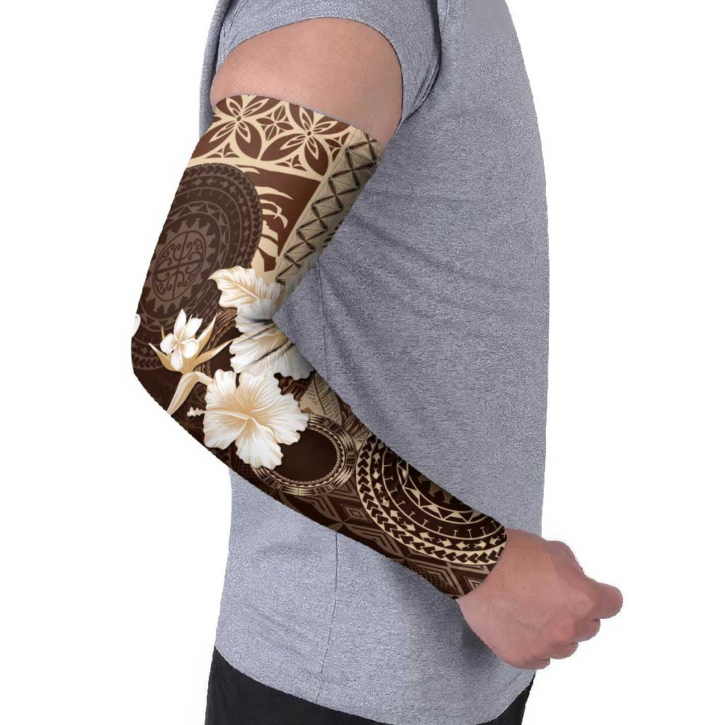 Samoa Siapo Pattern With Brown Hibiscus Arm Sleeves - Polynesian Pride