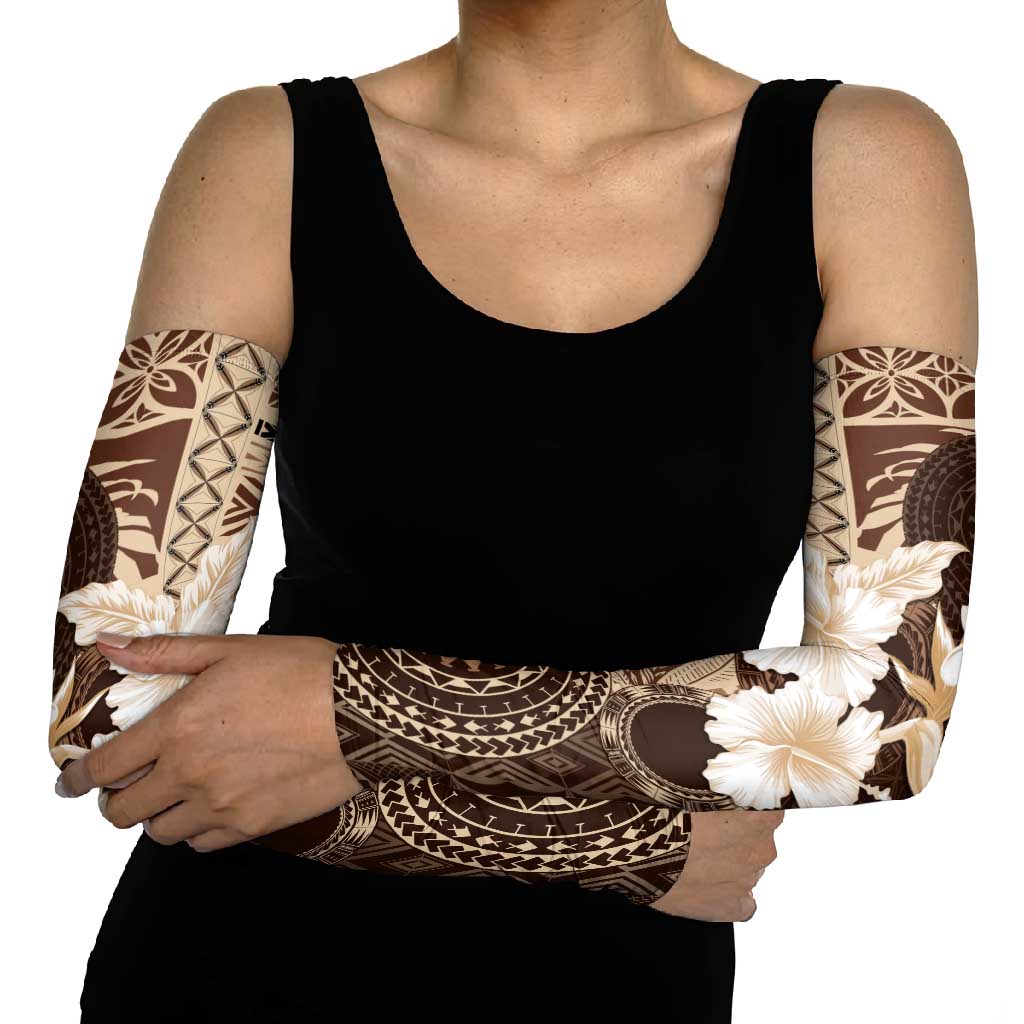 Samoa Siapo Pattern With Brown Hibiscus Arm Sleeves - Polynesian Pride