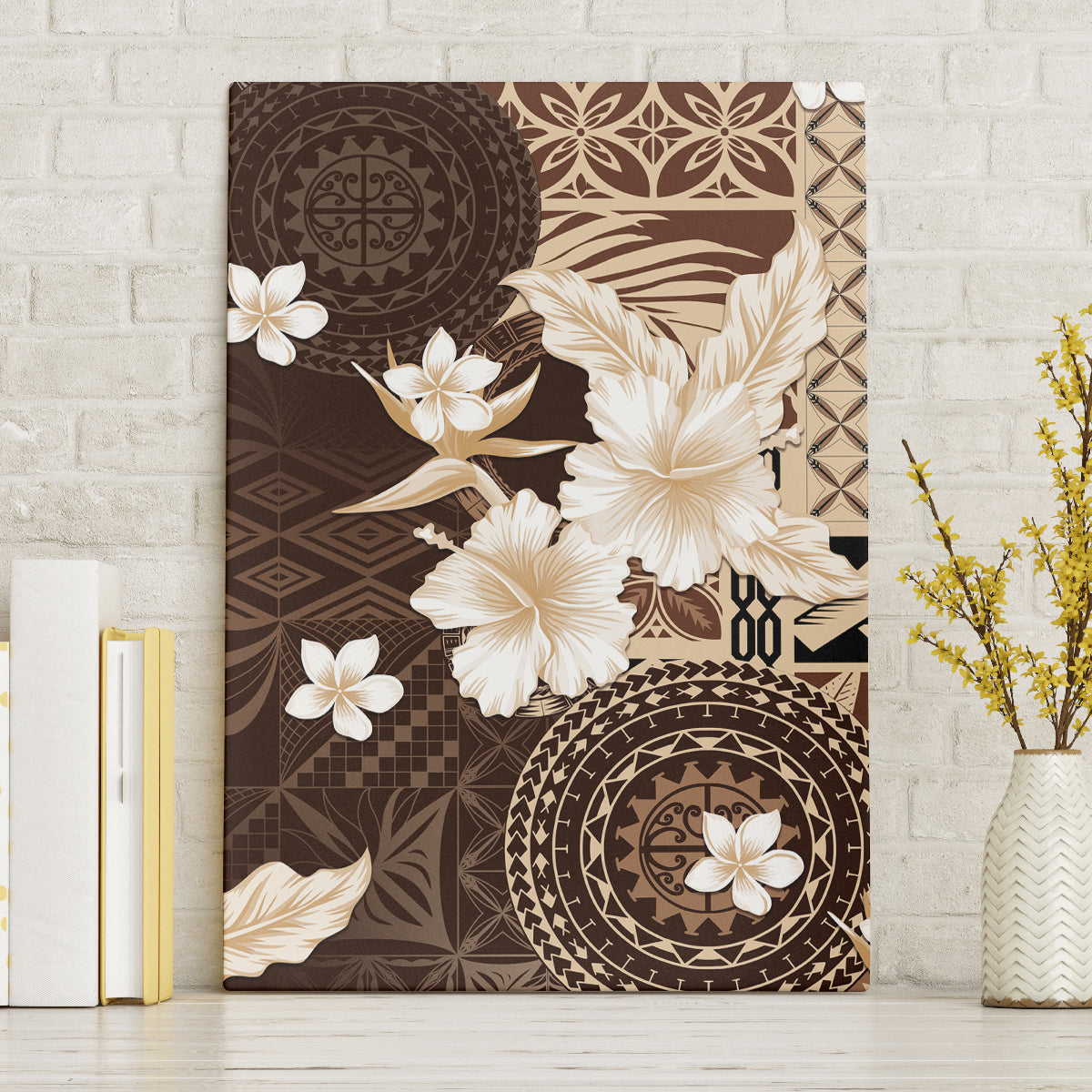 Samoa Siapo Pattern With Brown Hibiscus Canvas Wall Art LT05 Without Frame Brown - Polynesian Pride