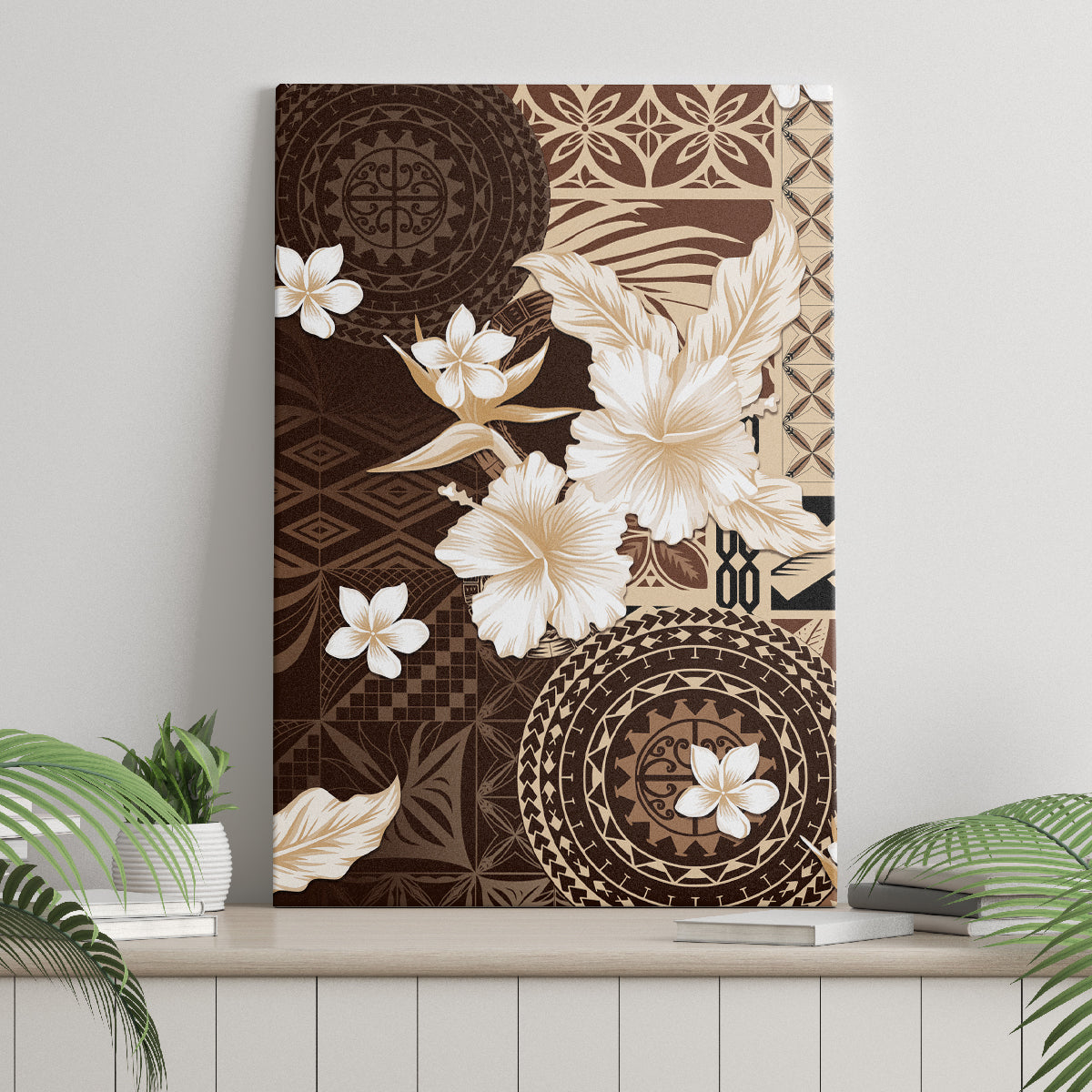 Samoa Siapo Pattern With Brown Hibiscus Canvas Wall Art LT05 - Polynesian Pride