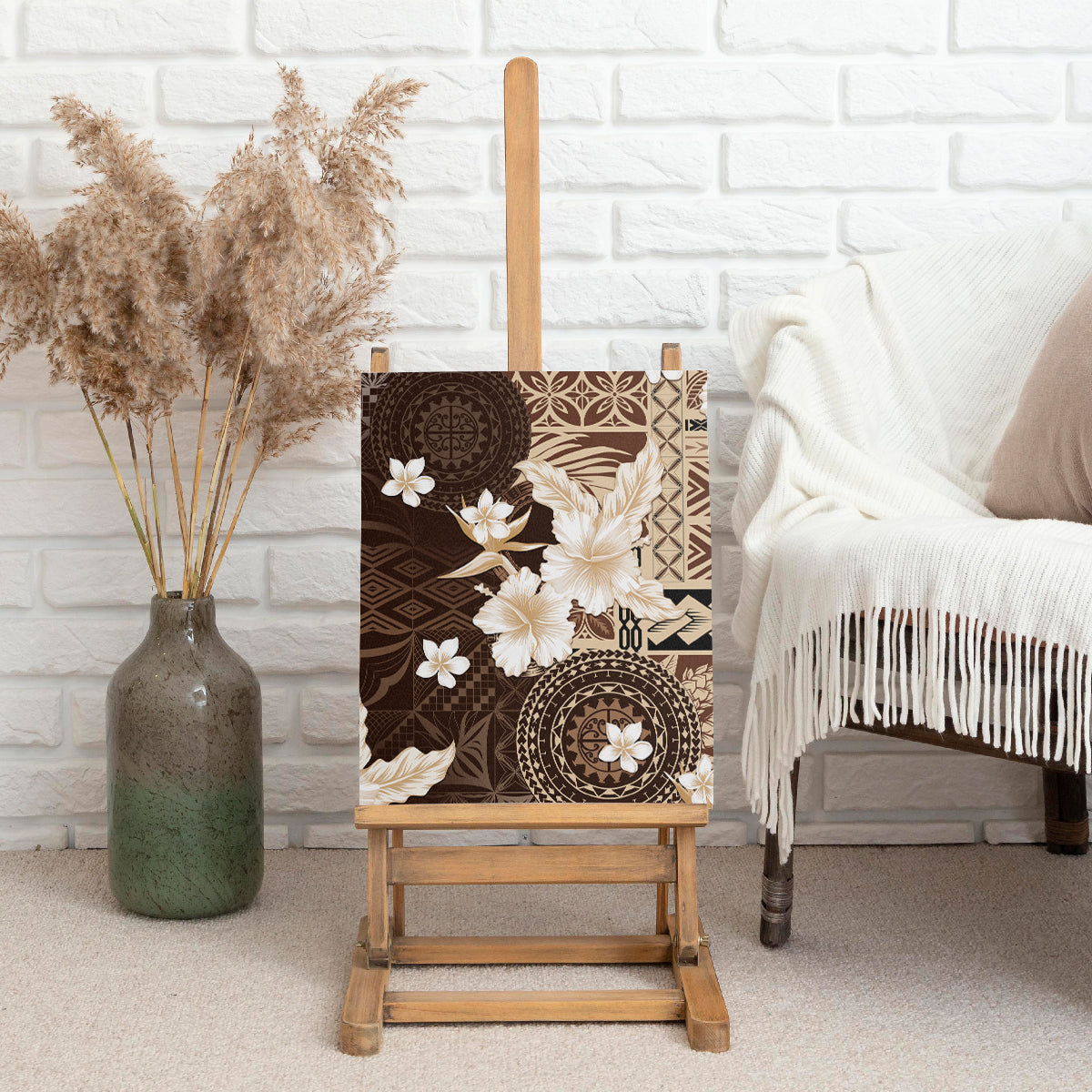 Samoa Siapo Pattern With Brown Hibiscus Canvas Wall Art LT05 - Polynesian Pride
