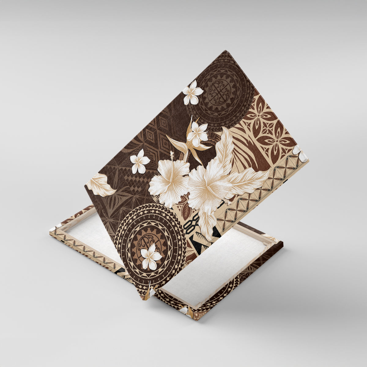 Samoa Siapo Pattern With Brown Hibiscus Canvas Wall Art LT05 With Frame Brown - Polynesian Pride