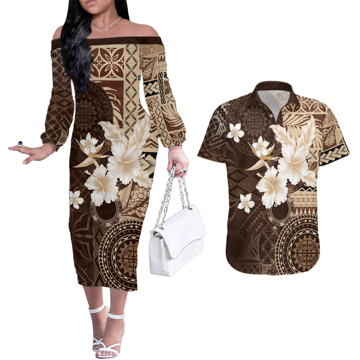Samoa Siapo Pattern With Brown Hibiscus Couples Matching Off The Shoulder Long Sleeve Dress and Hawaiian Shirt LT05 Brown - Polynesian Pride