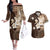 Samoa Siapo Pattern With Brown Hibiscus Couples Matching Off The Shoulder Long Sleeve Dress and Hawaiian Shirt LT05 Brown - Polynesian Pride