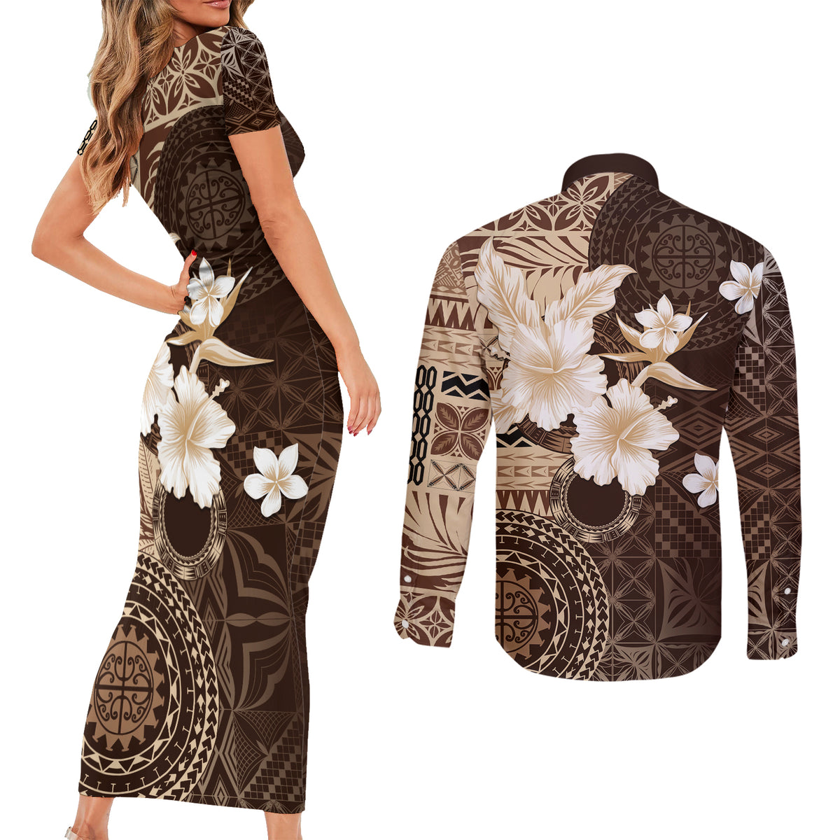 Samoa Siapo Pattern With Brown Hibiscus Couples Matching Short Sleeve Bodycon Dress and Long Sleeve Button Shirt LT05 - Polynesian Pride