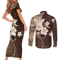 Samoa Siapo Pattern With Brown Hibiscus Couples Matching Short Sleeve Bodycon Dress and Long Sleeve Button Shirt LT05 - Polynesian Pride
