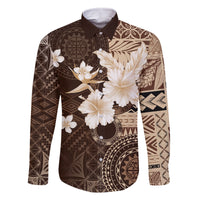 Samoa Siapo Pattern With Brown Hibiscus Family Matching Long Sleeve Bodycon Dress and Hawaiian Shirt LT05 Dad's Shirt - Long Sleeve Brown - Polynesian Pride