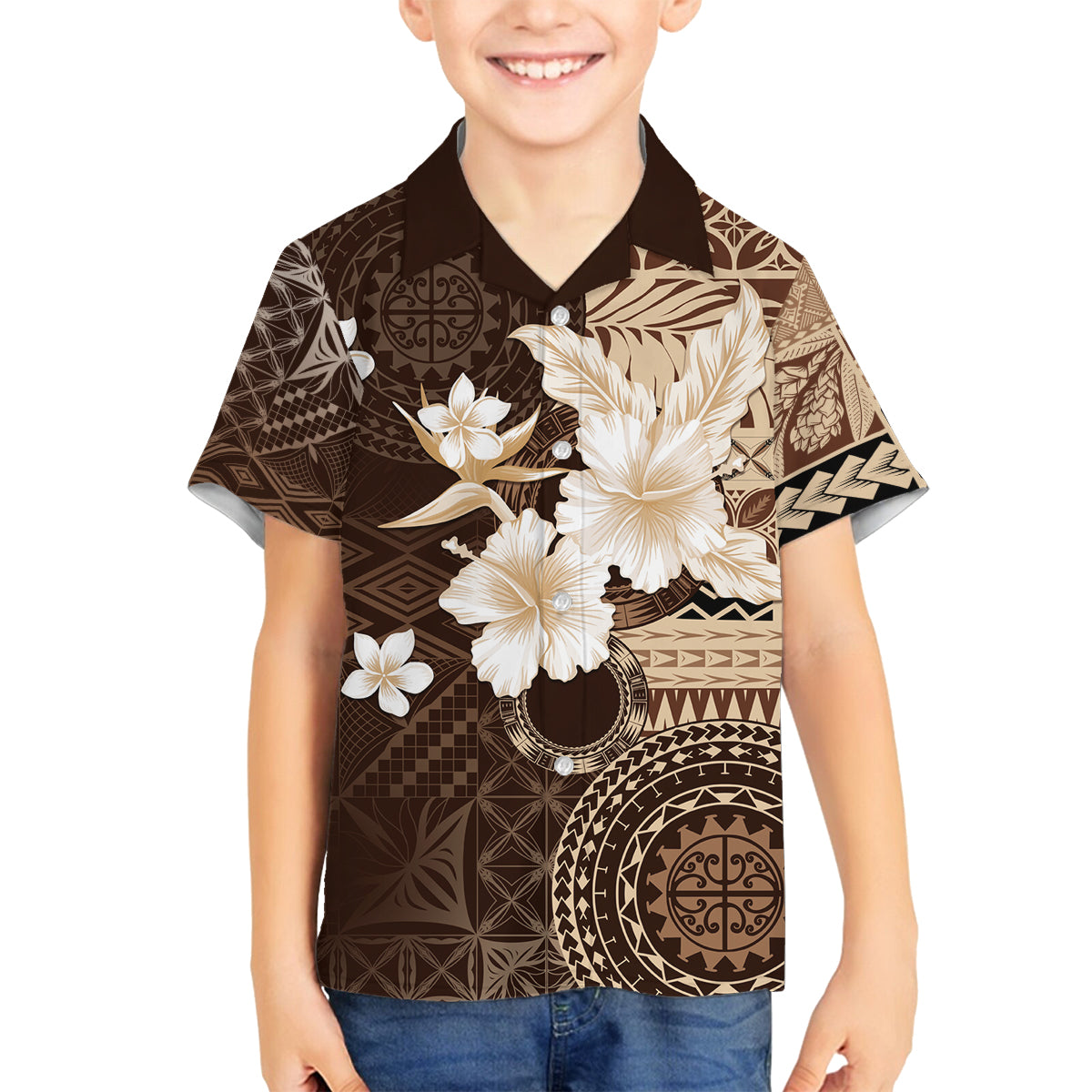 Samoa Siapo Pattern With Brown Hibiscus Family Matching Puletasi and Hawaiian Shirt LT05 Son's Shirt Brown - Polynesian Pride