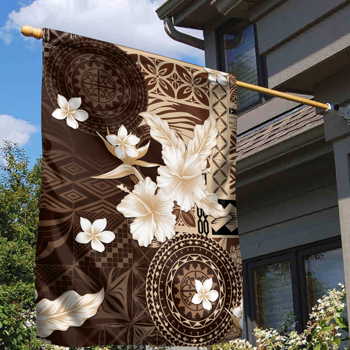 Samoa Siapo Pattern With Brown Hibiscus Garden Flag