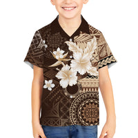Samoa Siapo Pattern With Brown Hibiscus Kid Hawaiian Shirt LT05 Kid Brown - Polynesian Pride