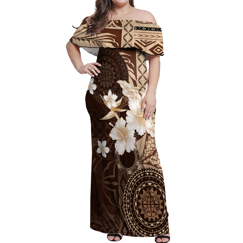 Samoa Siapo Pattern With Brown Hibiscus Off Shoulder Maxi Dress LT05 Women Brown - Polynesian Pride