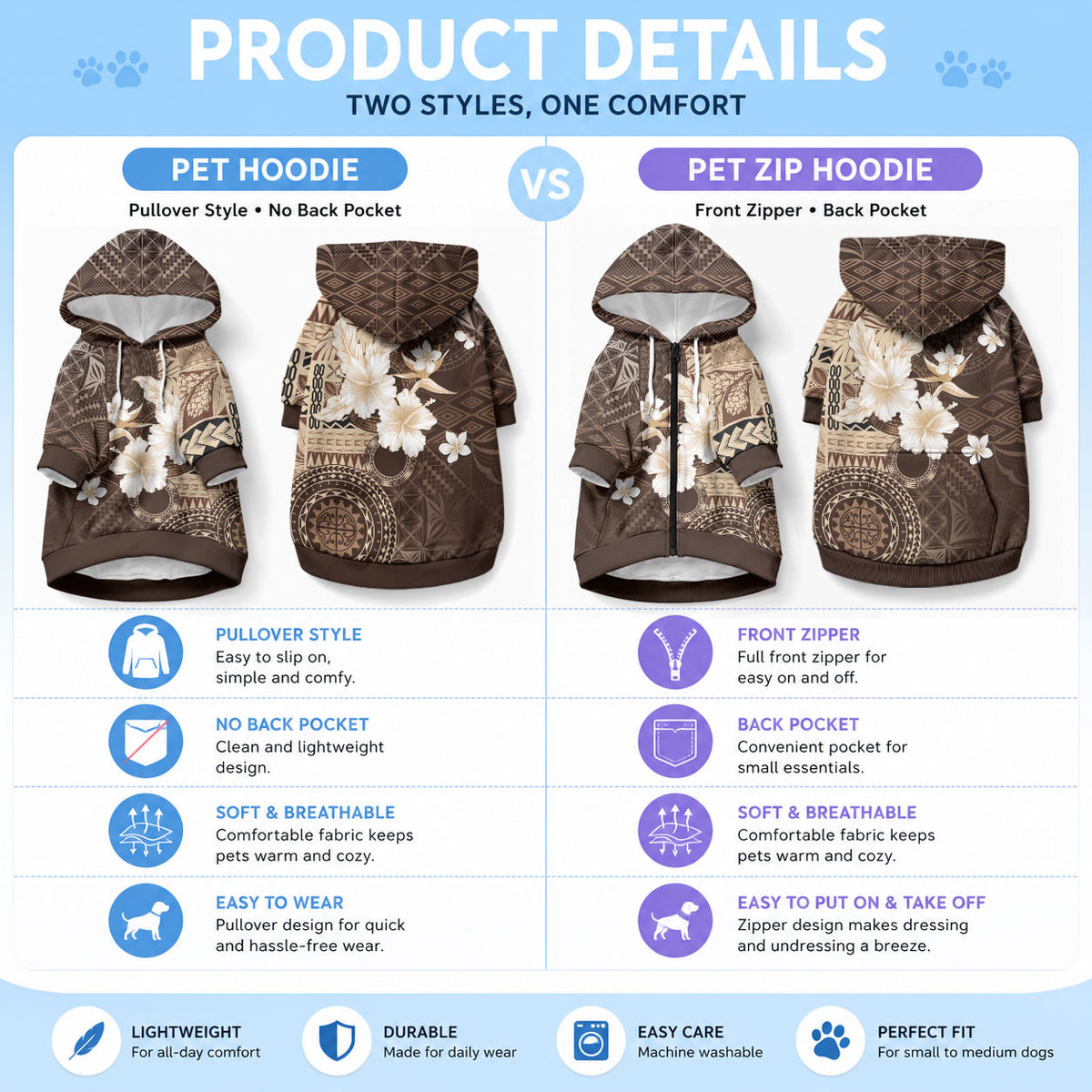 Samoa Siapo Pattern With Brown Hibiscus Pet Hoodie