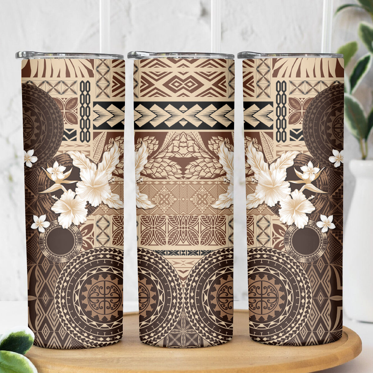 Samoa Siapo Pattern With Brown Hibiscus Skinny Tumbler