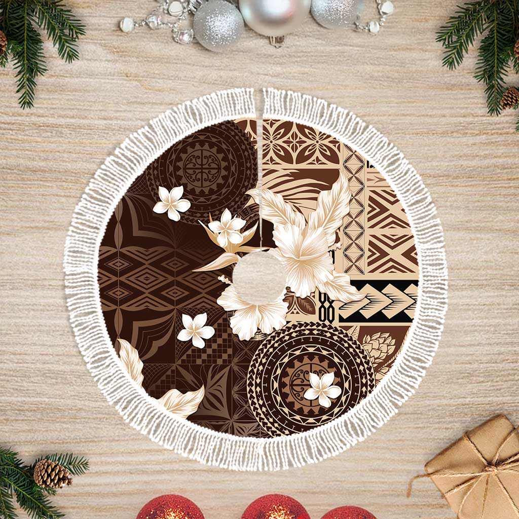Samoa Siapo Pattern With Brown Hibiscus Tree Skirt LT05 Fringed Brown - Polynesian Pride