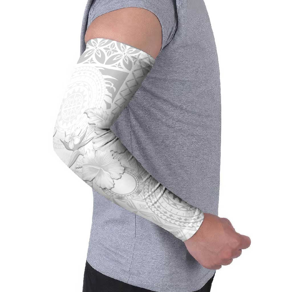 Samoa Siapo Pattern With White Hibiscus Arm Sleeves - Polynesian Pride